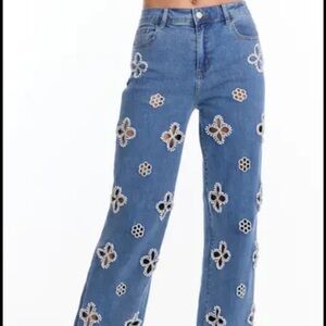 Stylish Blue Floral Cutout Women Jeans